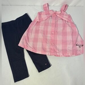 Tommy Hilfiger Girls 4T Outfit Pink Gingham Bow Top Capri Pants Set Logo